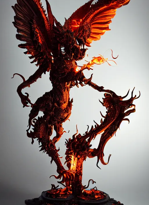 Image similar to high intricate sculpture of a baroque hellfire demon made of fire, studio light, maria panfilova, andrea savchenko, mike kime, ludovic plouffe, qi sheng luo, oliver cook, trending on artstation