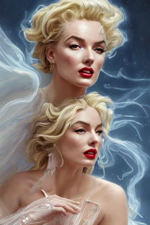 Image similar to ultra realistic illustration, a stunningly beautiful greek goddess of chaos played by marilyn monroe and christina hendricks and margot robbie and taylor swift and megan fox and emma stone and britney spears, intricate, elegant, highly detailed, digital painting, artstation, concept art, smooth, sharp focus, illustration, art by artgerm and greg rutkowski and alphonse mucha