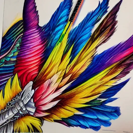 Prompt: picture of long spear made of multicoloured feathered wings, prismatic, full detailed drawing, hyperrealism, full weapon drawing, magic the gathering, white background