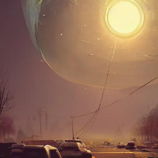 Image similar to A city trapped in a giant transparent dome, bubbles, cinematic lighting, insanely detailed, artstation, cgsociety, painted by Simon Stalenhag, concept art, illustration, sharp focus,