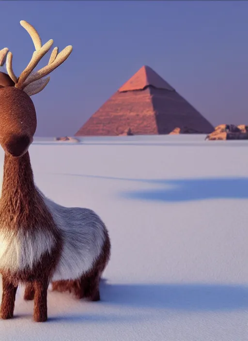 Image similar to A small reindeer sitting on a green throne in the middle of Egypt in the snow, unreal 5, hyperrealistic, octane render, dynamic lighting