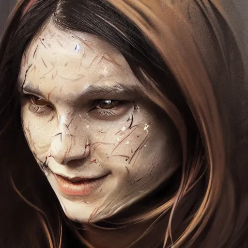 Image similar to portrait of an woman by Greg Rutkowski, she is about 20 years old, pretty, long brown wavy hair, tribal tattoos on her face, scar near her mouth that makes her look like she's smiling all the time, wearing jedi robes, Star Wars Expanded Universe, highly detailed portrait, digital painting, artstation, concept art, smooth, sharp foccus ilustration, Artstation HQ