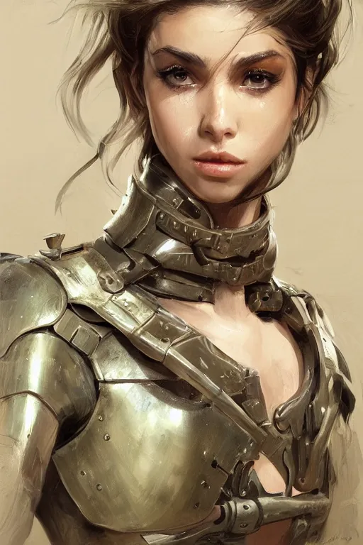 Prompt: a finely detailed portrait of an attractive young woman, clothed in military armor, olive skin, long dark hair, beautiful bone structure, symmetrical facial features, intricate, elegant, digital painting, trending on Artstation, concept art, smooth, sharp focus, illustration, from Metal Gear by Ruan Jia and Mandy Jurgens and Artgerm and William-Adolphe Bouguerea, award winning