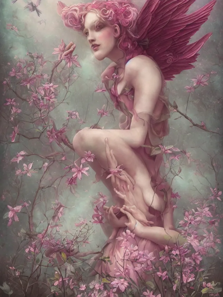 Image similar to one pink fairy with large wings exploring her lonely flower garden by herself in the style of tom bagshaw, extremely detailed, muted colors