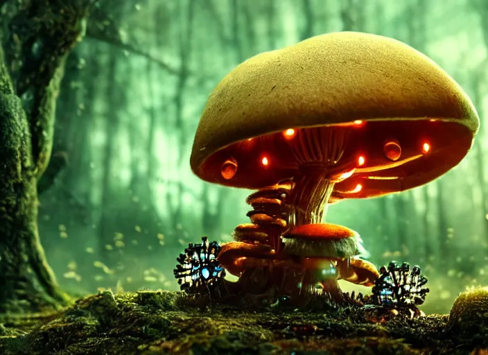 Image similar to 12mm intricate mechanical caterpillar with visible gears and electronics and optic Fibres sitting on top of a mushroom in a magical forest. Very detailed 8k. Fantasy cyberpunk horror. Sharp. Cinematic post-processing