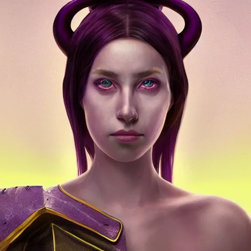 Prompt: A professional digital portrait painting of a young adult female tiefling with (skin that looks like fire), dressed in light armor, 4k, digital art, trending on cgsociety, highly detailed, paint by Wes Anderson, head and shoulders shot, shallow depth of field, purple and yellow lighting, professional lighting, airbrush, Hayao Miyazaki