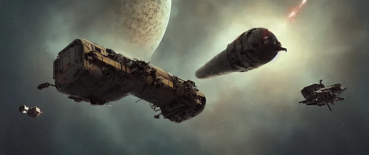 Image similar to tiny spaceship, deep space exploration!!!, flying, the expanse tv series, industrial design, the final frontier, illustrative!!, punk!!!, space pirate, painterly, hyperdetailed, hyperrealistic, utilitarian cargo ship, underexposed, cinematic lighting, 4k, wide angle, beksinski