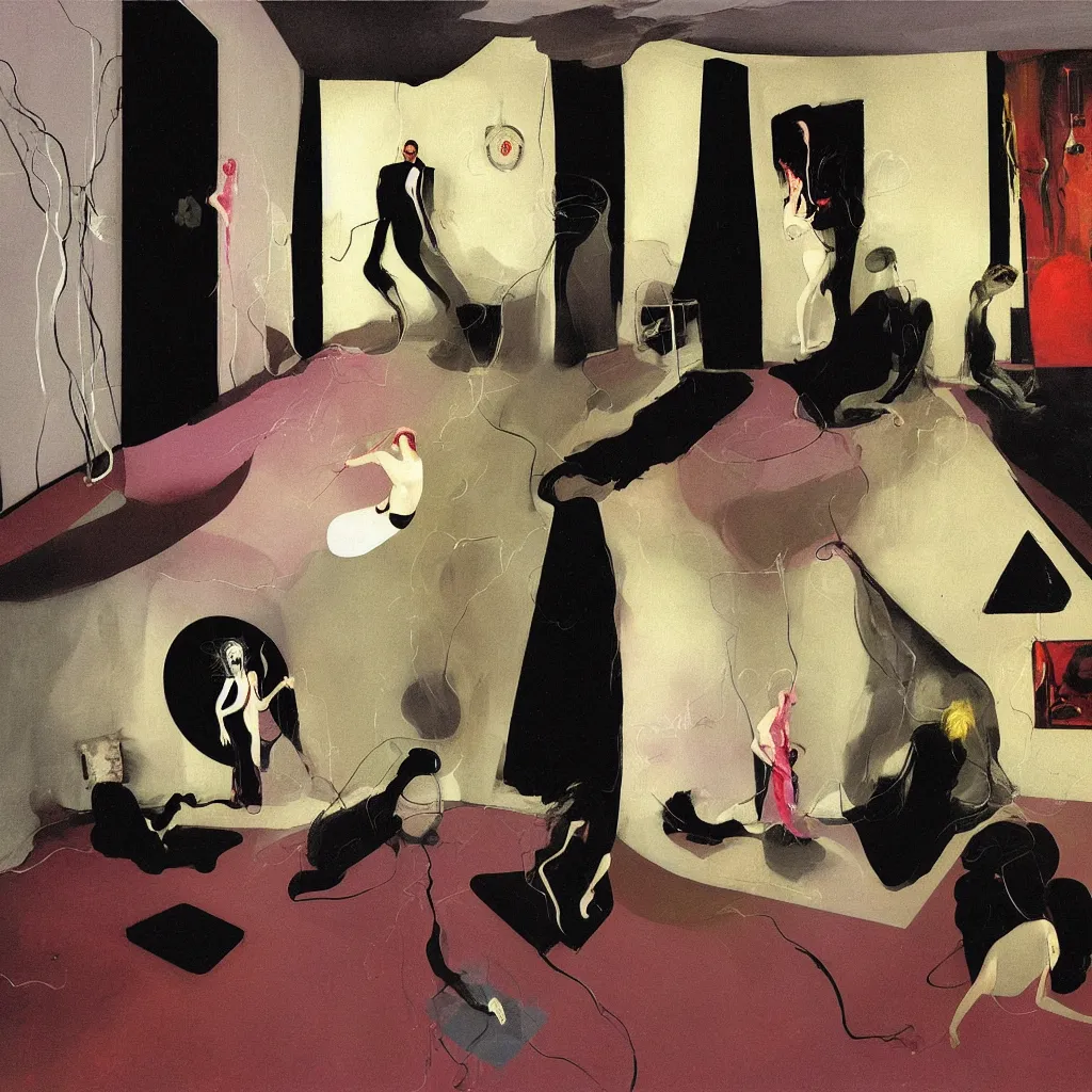 Prompt: Man and woman attached by love in a living room of a house, floating dark energy surrounds the middle of the room. There is one living room plant to the side of the room, surrounded by a background of dark cyber mystic alchemical transmutation heavenless realm, cover artwork by francis bacon and Jenny seville, midnight hour, part by adrian ghenie, part by jeffrey smith, part by josan gonzales, part by norman rockwell, part by phil hale, part by kim dorland, palette knife texture, paint drip, muted cold colors, artstation, highly detailed