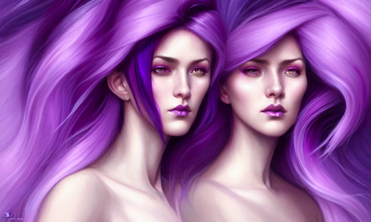 Image similar to Purple hair relistic Portrait of a three woman with bright colored flying hair, all shades of purple. Beauty face, Hair coloring, fantasy, intricate, elegant, highly detailed, digital painting, artstation, concept art, smooth, sharp focus, illustration, art by artgerm and greg rutkowski and alphonse mucha