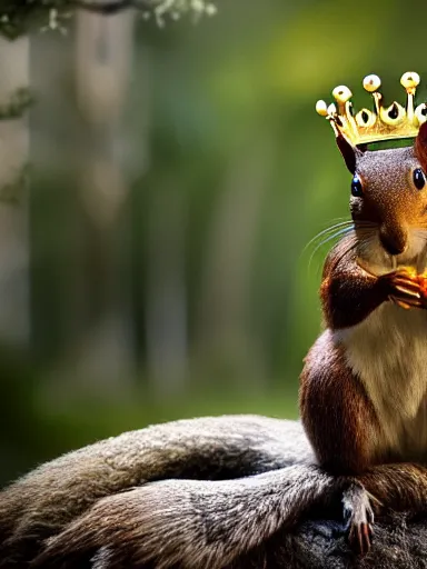 Image similar to a squirrel as king arthur, extremely plump, wearing crown of acorns and dandelions, crown, crown, servant squirrels, king arthur's court, game of thrones, sitting on throne, extreme wide shot, low angle, palace, fantasy art, cinematic lighting, realistic, sony 2 4 mm f 8. 0