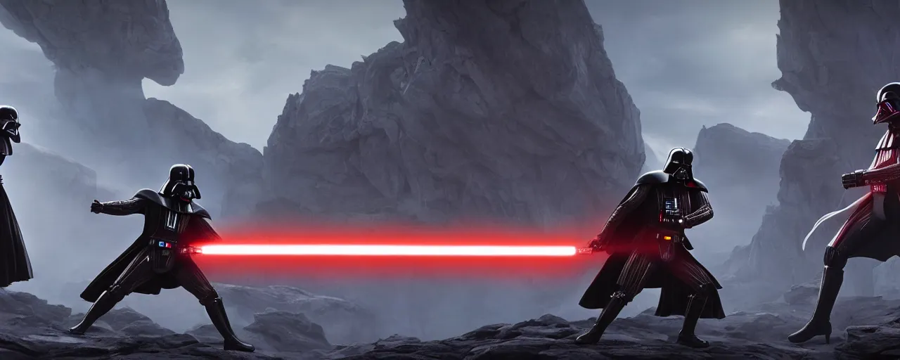 Image similar to darth vader and obi wan kenobi fighting with lightsaber on alien landscape, 8 k uhd, unreal engine, octane render in the artstyle of finnian macmanus, john park and greg rutkowski