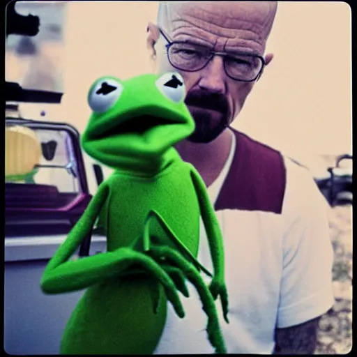 Image similar to Walter White fighting Kermit the Frog, polaroid photo with flash, eerie