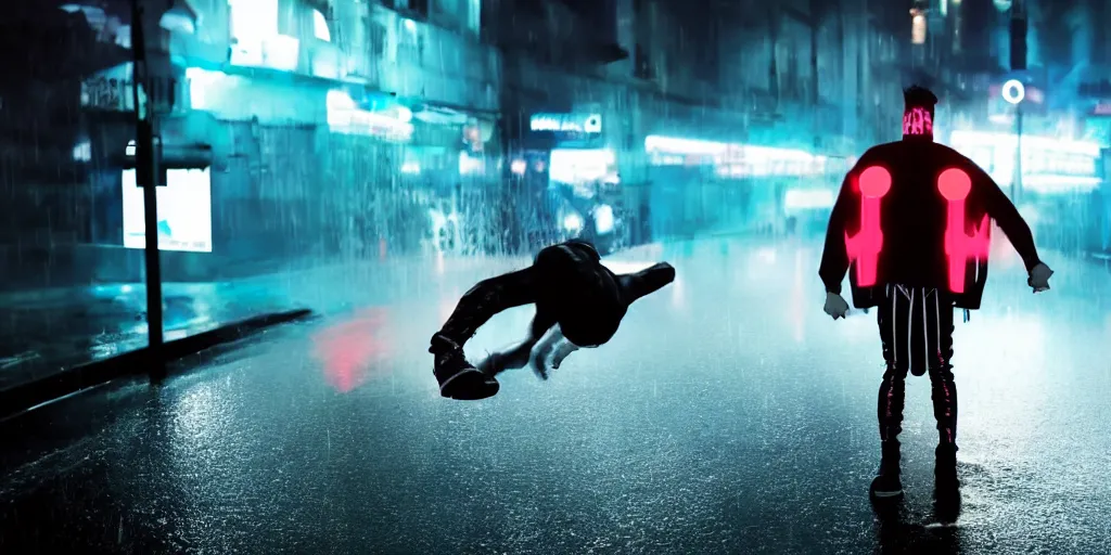 Image similar to cinematic camera wide angle of slow motion film still of futuristic break dancer wearing latex with neon lights, long exposure shot , at night in the middle of a rainy and foggy street, paddle of water, water splashes, rim lights, glossy reflections, water droplets on lens, octane render, detailed and soft, by laurie greasley