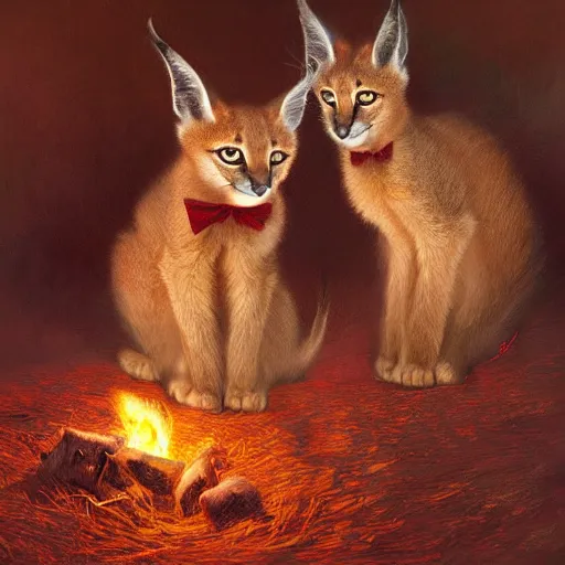 Prompt: three cute caracals wearing red bows, campfire, night, atmospheric lighting, intricate, volumetric lighting, digital art, highly detailed by gaston bussiere, craig mullins, j. c. leyendecker 8 k