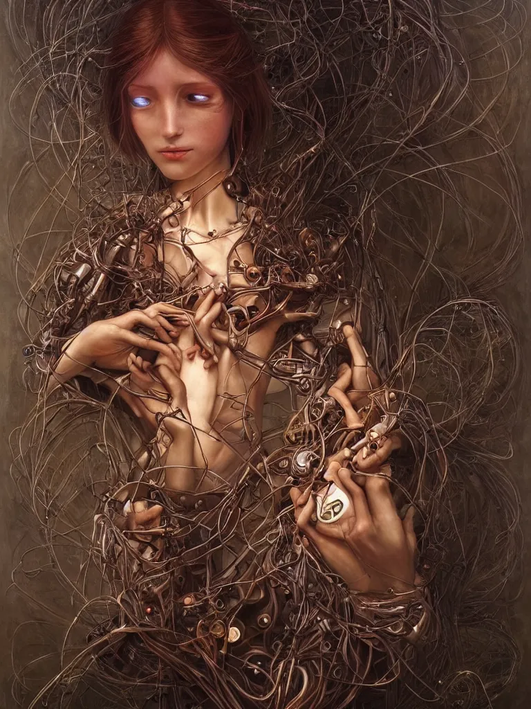 Prompt: portrait of a beautiful female android holding a realistic anatomical heart in her hands and crying, there are wires coming from her heart, tangled and entwined with her long flowing hair, mecha, steampunk, painting by James C. Christensen, by tomasz alen kopera