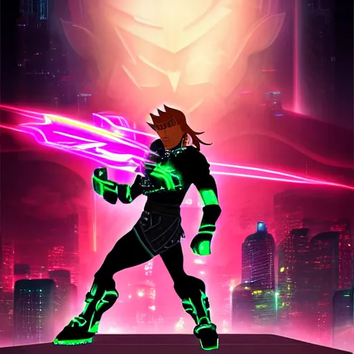 Prompt: Ganondorf in the style of Tron Legacy with glowing neon battle armor, wielding a lage neon fantasy greatsword, tron style city in the background, digital art