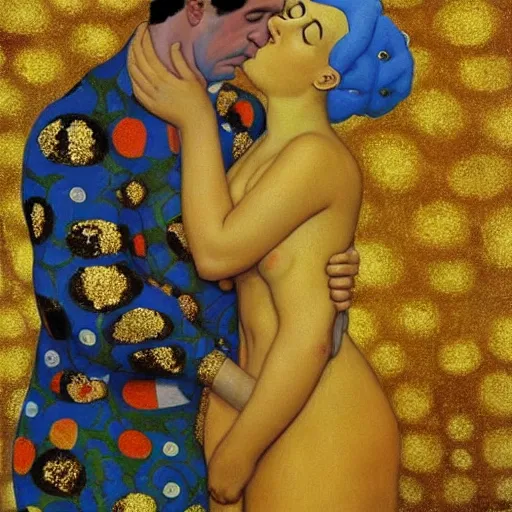 Image similar to “Homer and Marge Simpson from TV series The Simpsons are kissing. Painting by Gustav Klimt , Oil and gold leaf on canvas. Golden period. National Art Gallery. Marge Simpson with her signature blue beehive hairstyle.”