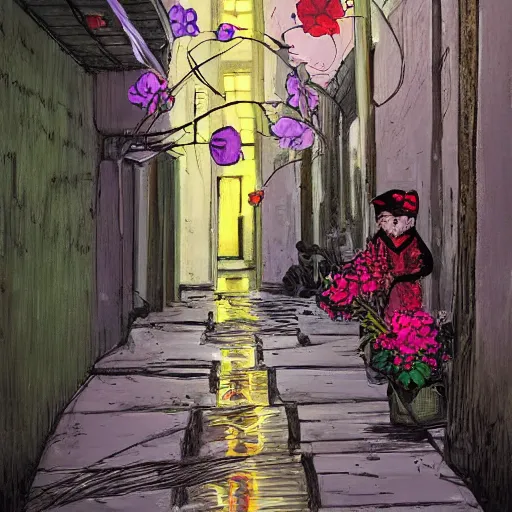 Prompt: Spawn selling flowers in an alley at night, by Todd MacFarlane