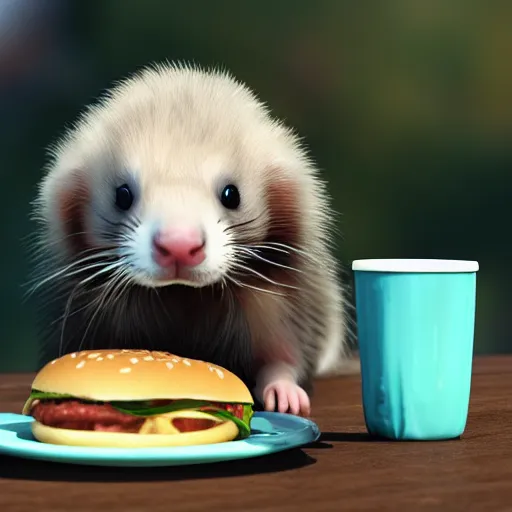 Prompt: a cute ferret eating a hamburger, realistic 3 d render, cute, 8 k