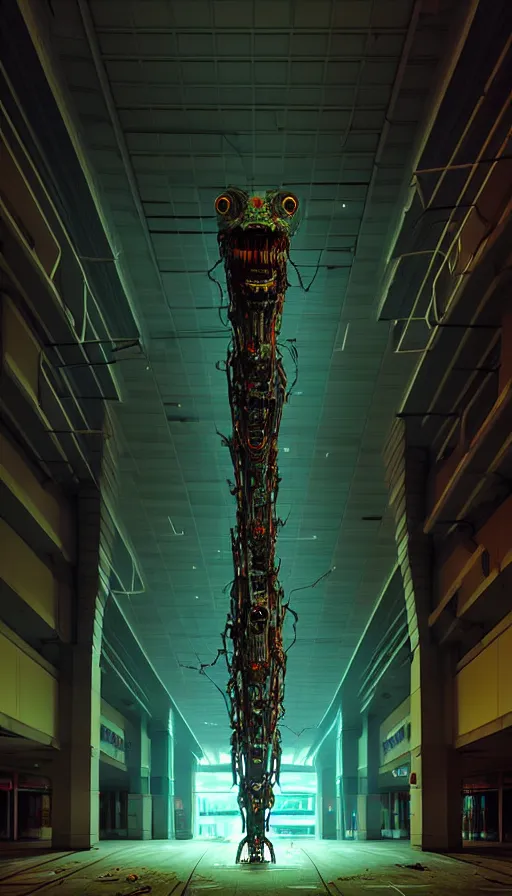 Image similar to biomechanical cybernetic monster creature in the dark abandoned mall, absolutely symmetrical 3 d artwork by simon stalenhag tooth wu ande beeple