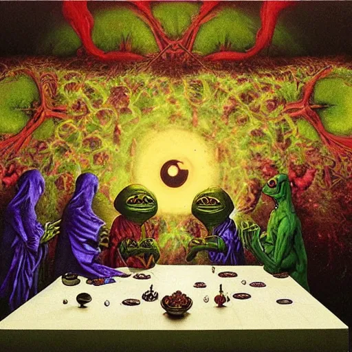 Prompt: pepe the frog eating in the last supper with disciples, floating dark energy surrounds them. there is one cow in the corner of the room, surrounded by a background of dark cyber mystic alchemical transmutation heavenless realm. highly detailed, vivid color, beksinski painting, part by adrian ghenie and gerhard richter. art by takato yamamoto. masterpiece