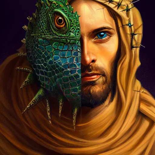 Prompt: portrait of jesus with the head of a lizard lizard lizard lizard lizard, surrealist, crown of thorns, cross, christianity, intricate, elegant, highly detailed, centered, grungy, digital painting, artstation, concept art, smooth, sharp focus, boris vallejo