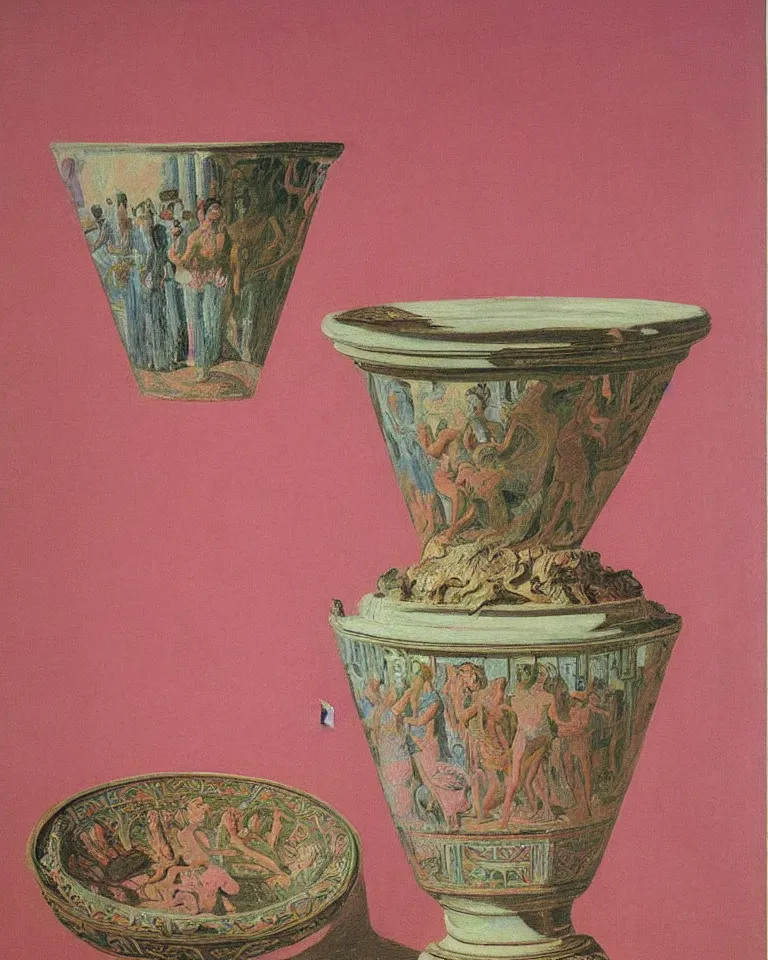 Image similar to achingly beautiful print of intricately painted ancient greek krater on a pink background by rene magritte, monet, and turner.