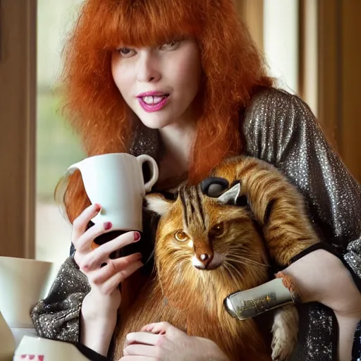 Image similar to a stunning hyper-detailed closeup portrait photo of a slender beautiful smiling woman with long ginger hair and bangs, wearing a luxurious silk robe, wearing headphones and posing with her large ginger tabby cat and her raccoon and parrots in an overstuffed easy chair in her sunlit victorian living room, holding a porcelain parrot-shaped coffee mug and a donut, perfect eyes, fashion photography, octane render, unreal engine, 85 mm lens,