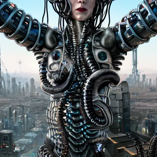 Prompt: photorealistic portrait of a cyborg gorgon medusa with borg implants and mechanical snakes coming out of her head. Dystopian city in the backgeound. very detailed, 8k