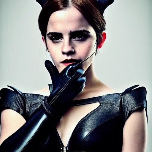 Prompt: Emma Watson as Catwoman, XF IQ4, f/1.4, ISO 200, 1/160s, 8K, Sense of Depth, color and contrast corrected, AI enhanced, HDR, in-frame