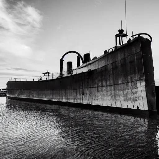 Prompt: Black and White photo of steampunk submarine at dry dock