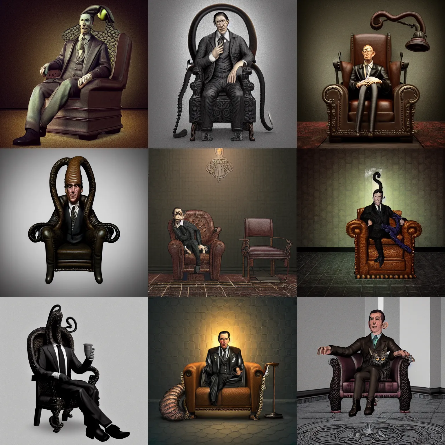 Prompt: isometric view miniature - howard phillips lovecraft hold the cat on the lap, man dressed suit sit in tall leather armchair, base as big tentacle with suction cups, and wall darkness, cast iron material, black background, octane render, forelight, highly detailed intricate matte sharp focus digital painting artstation pixiv