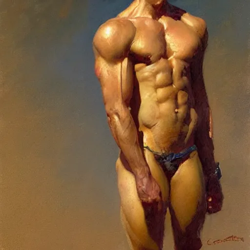 Image similar to a man with an shredded, toned, inverted triangle body type, painting by Gaston Bussiere, Craig Mullins