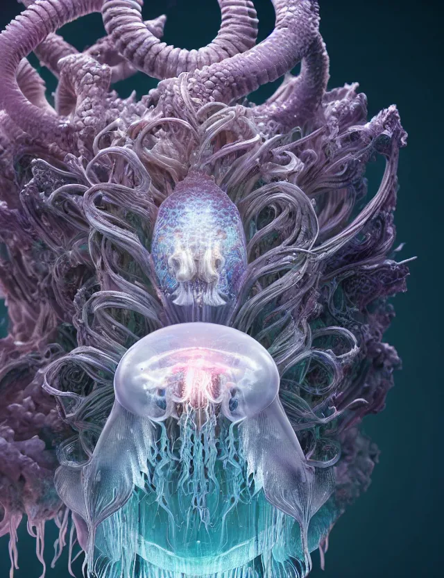Prompt: 3 d goddess macro close - up portrait wigh crown made of ram skull. betta fish, jellyfish phoenix, bioluminiscent, plasma, ice, water, wind, creature, super intricate ornaments artwork by tooth wu and wlop and beeple and greg rutkowski