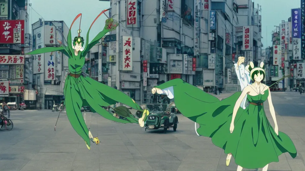 Image similar to a woman wearing a green dress and a praying mantis mask flying in the air in the streets of Tokyo with two swords, anime film still from the an anime directed by Katsuhiro Otomo with art direction by Salvador Dalí, wide lens