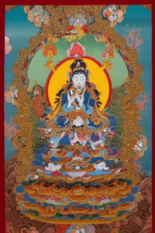 Image similar to a stunning intricate high-quality ornate ultradetailed Manjusri bodhisattva subdue demons, thangka arts, Tibetan, ca 12th century, Manjusri bodhisattva is shown seated on a lotus throne, with his right hand resting on his knee and his left hand holding a sword, Manjusri bodhisattva wears a crown and ample robes, and he has a serene expression on his face. The background is decorated with an intricate pattern of flowers and clouds, by wu daozi, zhang xuan, 64 megapixels, HDR, filmic, Octane, 8K resolution, ultrafine detail, ultrawide-angle lens, micro details, ray tracing,