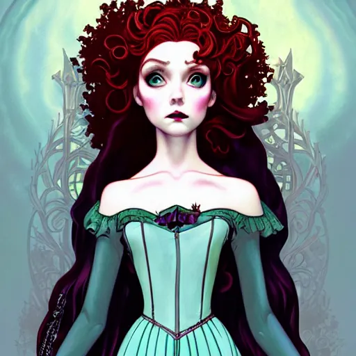 Image similar to a modern gothic lolita version of Princess Merida, face, fantasy, intricate, elegant, highly detailed, digital painting, artstation, concept art, smooth, sharp focus, illustration, art by Gerald Brom and Jasmine Becket-Griffith and Fernanda Suarez and alphonse mucha