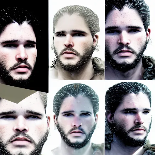 Image similar to a portrait of of jon snow constructed from snow, collage, drop shadow, organic, layered composition, layers, texture, mcu, petals, highly textured, layered, sculpted, dynamic,