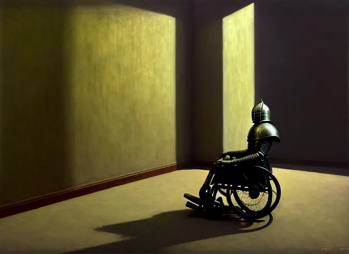 Image similar to knight in armor in a wheelchair do tricks, minsk, highly detailed, soft lighting, elegant, works by edward hopper and james gillard, zdislaw beksinski, stephen outram, andreas m wiese, highly detailed, masterpiece. rendered in blender, smooth shadows, ultra detail, high resolution, unreal 6, 8 k