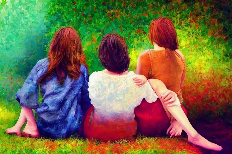 Image similar to beautiful painting of friends, beautiful faces, sitting on the edge, cute, soft light, digital painting by harry bertoia