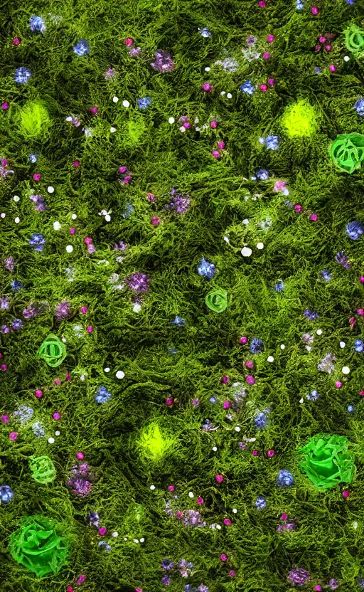 Image similar to view of the inside of a trash bag decorated with moss and flowers patches and with glowing elements, octane render, abstract, unorthodox, 4k, desktop wallpaper, raytracing