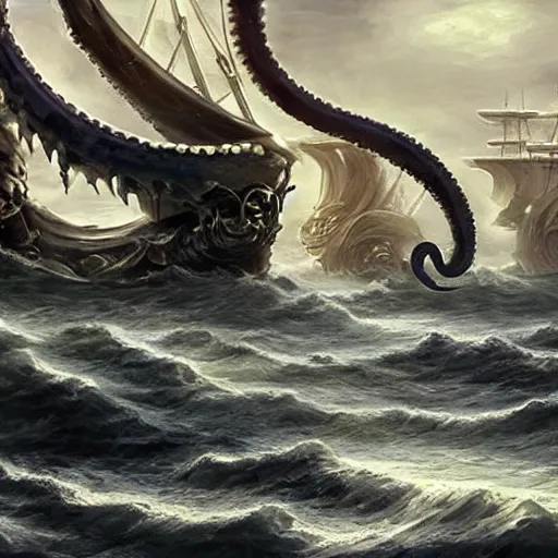 Prompt: kraken destroying ships, tentacles rising from the sea, fantasy game art, fantasy rpg, league of legends