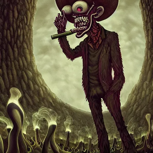 Image similar to a centered chest up portrait of a psychedelic demonic anthropomorphic wendigo smoking a hand - rolled cigarette smoking heavily, magic mushroom village in background. award winning. superb resolution. in the art style of junji ito and greg rutkowski. detailed mushroom city in background. hyper realistic anime. perfect art. dalle 2