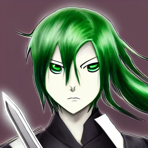 Prompt: swordsman, anime style, green hair, dark, animated, animation, detailed, illustration, moody