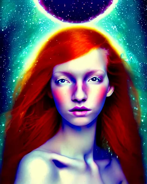 Image similar to space astral portrait of a beautiful girl, red hair, ginger hair, fantasy, glowing skin, smooth face, perfect eyes, half body shot, tarot card