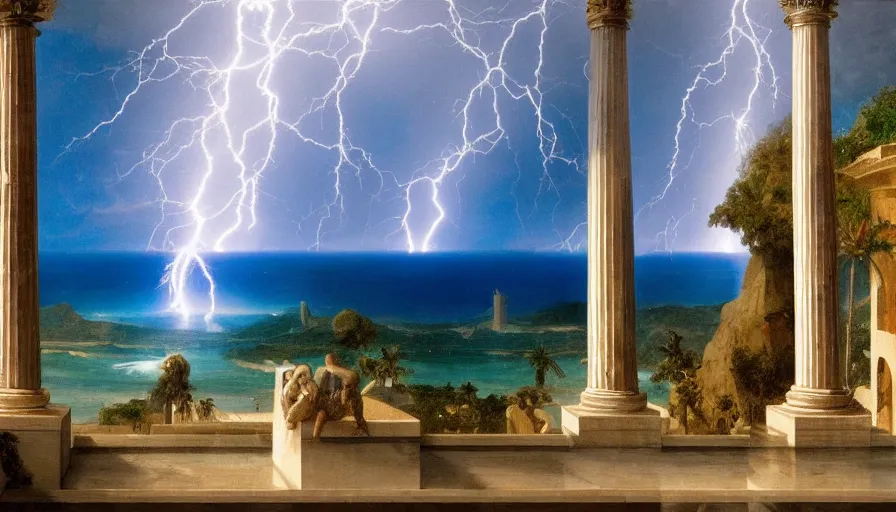 Prompt: From Inside the giant Palace, mediterranean balustrade and columns, refracted line and sparkles, thunderstorm, greek pool, beach and Tropical vegetation on the background major arcana sky and occult symbols, by paul delaroche, hyperrealistic 4k uhd, award-winning, very detailed paradise