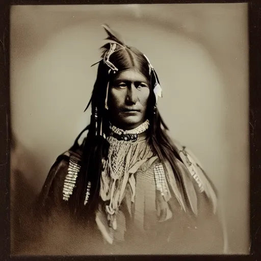 Prompt: an analog 120mm film portrait of a Comanche woman, 1860, cinematic, long hair, glass plate photography, hq, detailed, realistic