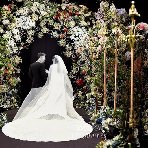 Prompt: A wide full shot, colored black and White Russian and Japanese mix historical fantasy a photograph portrait of a royal wedding floral covered aisle inspired by a enchanted ethereal forest, 1907 photo from the official wedding photographer for the royal wedding.