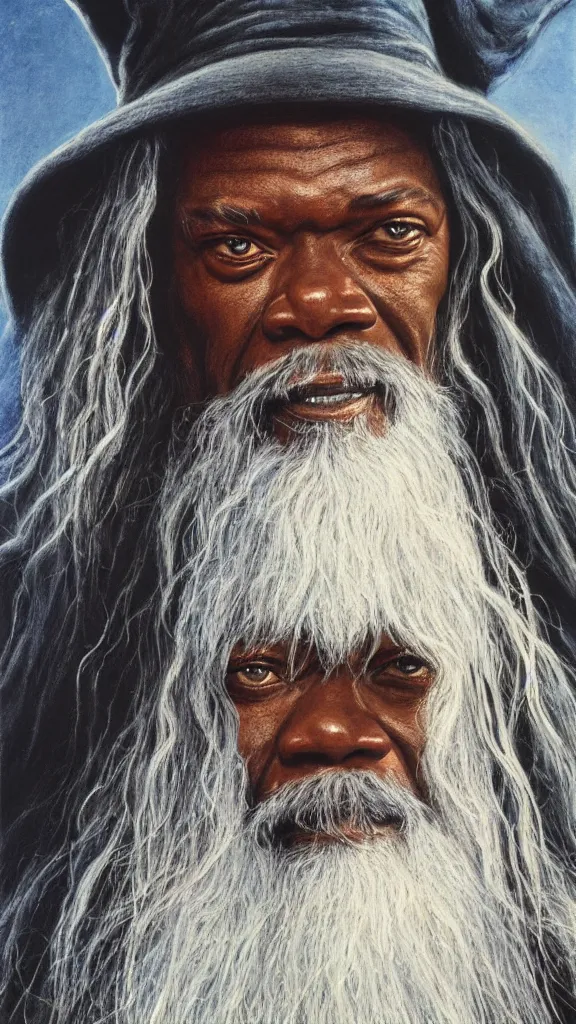 Image similar to portrait of samuel jackson as gandalf, by alan lee, lord of the rings calendar, smooth, detailed terrain, oil painting, matte painting, concept art, trending on artstation