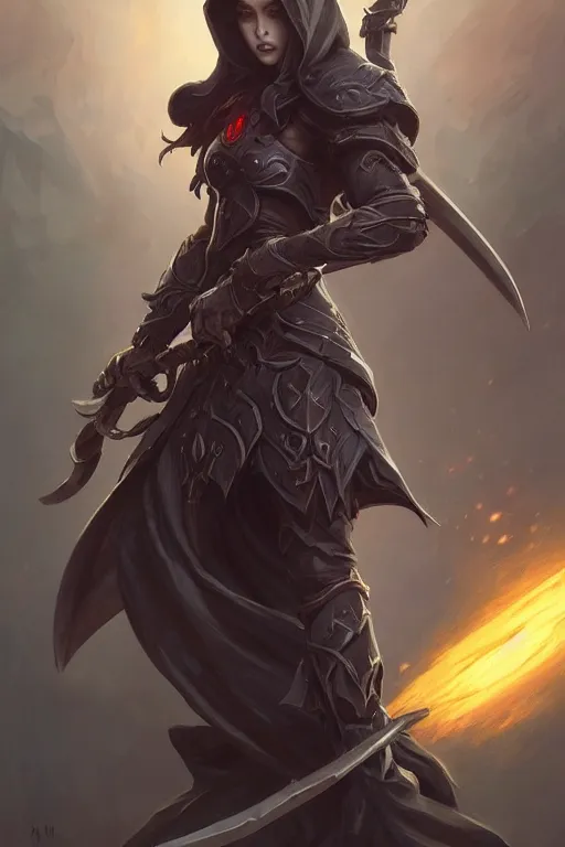 Image similar to reaped wielding a scythe, full body shot, hood, d & d, dark fantasy, intricate, highly detailed, digital painting, artstation, concept art, matte, sharp focus, illustration, hearthstone, art by artgerm and greg rutkowski and alphonse mucha